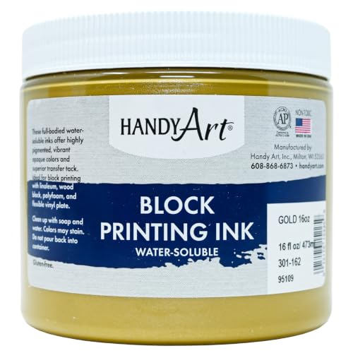 Handy Art Block Printing Ink, Metallic Gold, 16 oz Jar, Water-Soluble | Highly Pigmented Vibrant Opaque Color with Superior Transfer Tack, Water Soluble, Certified Safe & AP Non-Toxic, Made in USA - color: Gold, size: 16 Fl Oz