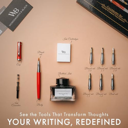 Wordsworth & Black Calligraphy Pen Gift Set, Includes Bottle, 6 Cartridges, Refill Converter, 6 Replacement Nibs, Premium Package, Journaling, Smooth Writing Pens [Red Chrome] - color: Red Chrome