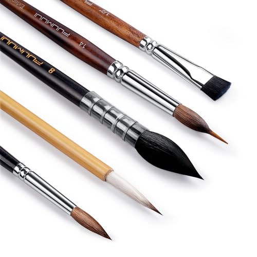 Watercolor Paint Brushes, 5pcs Fuumuui Professional Sable Brush, Wool & Synthetic Squirrel Brushes Set with Extended Needle, Round Point, Flat, Quill Wash Perfect for Watercolor Acrylic Gouache Inks - color: Mix5