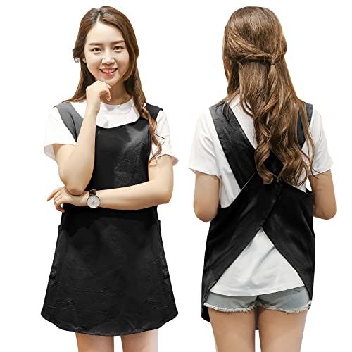 Shortened Design Apron, Japanese Style Soft Cotton Linen Apron with Two Side Pockets, X Cross Halter Aprons, Kitchen Cooking Clothes Present for Women DIY Project, Crafting, Cooking, Baking(Black) - color: Black, style: 1# Style-rounded Edge