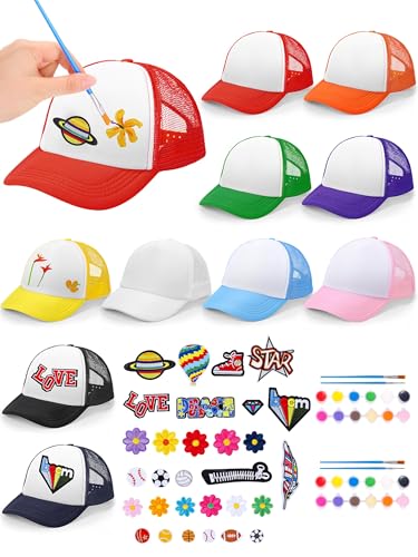 Aneco DIY Blank Trucker Hats Kit Adjustable Baseball Caps | Embroidered Patches, Paint Tools Included, Craft Kit, Sports Events, Group Activity, Party Favor - color: Multicolor
