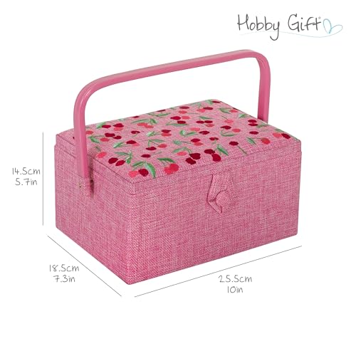 Hobby Gift Medium Sewing Box Organiser, Fabric Covered Storage Box with Handle, Internal Tray, Pin Cushion and Pocket for Sewing, Quilting and Knitting Supplies - color: Cherries