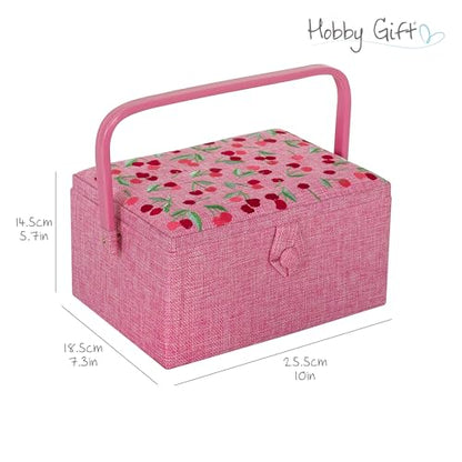 Hobby Gift Medium Sewing Box Organiser, Fabric Covered Storage Box with Handle, Internal Tray, Pin Cushion and Pocket for Sewing, Quilting and Knitting Supplies - color: Cherries