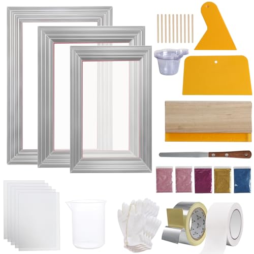 Happybuy Screen Printing Kit, 3 Aluminum Frames, 5 Glitters, Squeegees & Transparency Films, 6x10/8x12/10x14 Inch, 110 Mesh Count for DIY T-Shirt Printing