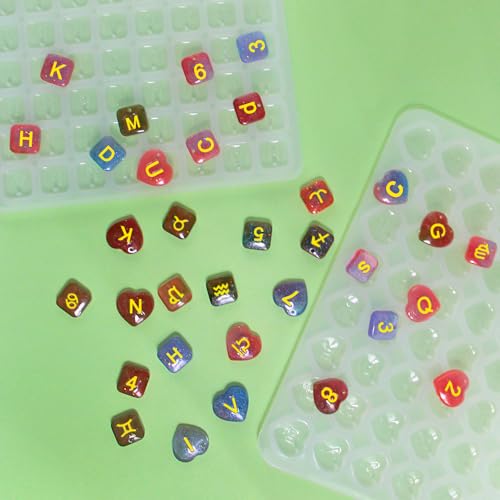 96 Pcs Resin Letter Molds with Hole, AFUNTA Alphabet Number Resin Molds Silicone Heart Shape Square Pendant Silicone Molds for Epoxy Resin Casting, DIY Water Cup Handle Charm