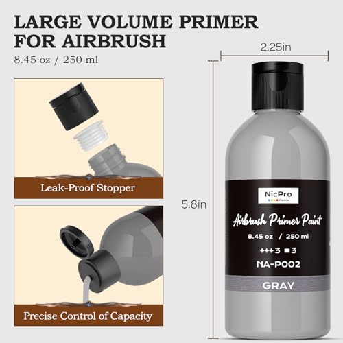 Nicpro Grey Surface Primer Airbrush Paint (8.4oz, 250 ml), Matte Finish, Ready To Spray Air Brush Water-Based Acrylic Primer for Beginners & Artists Priming Plastic Models, Miniatures, Figures, Craft - color: Grey, size: 8.45 Fl Oz (Pack of 1)