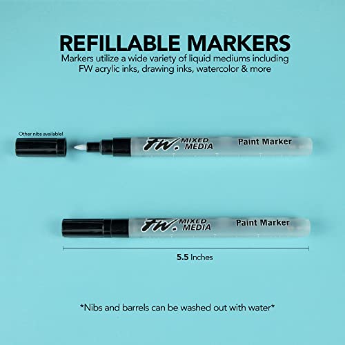FW Mixed Media Paint Markers - Two Empty Markers with 1 mm Hard Paint Marker Nibs - Empty Paint Pen 2-Pack with Extra Nibs for Liquid Media - Small Barrel Refillable Paint Pens for Fine Lines - style: 1MM Hard, Marker