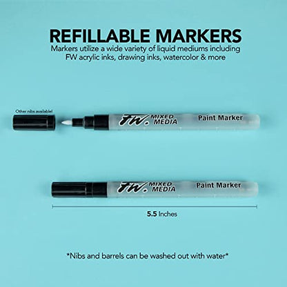 FW Mixed Media Paint Markers - Two Empty Markers with 1 mm Hard Paint Marker Nibs - Empty Paint Pen 2-Pack with Extra Nibs for Liquid Media - Small Barrel Refillable Paint Pens for Fine Lines - style: 1MM Hard, Marker