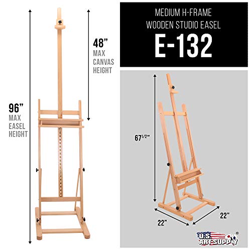 U.S. Art Supply Medium Wooden Studio H Frame Easel with Storage Tray - Adjustable to 96" High, Holds Canvas up to 48" - Beechwood Artist Easel for Painting, Art Display Stand, Portraits