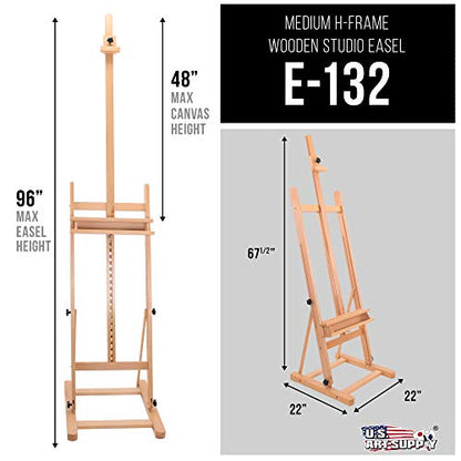 U.S. Art Supply Medium Wooden Studio H Frame Easel with Storage Tray - Adjustable to 96" High, Holds Canvas up to 48" - Beechwood Artist Easel for Painting, Art Display Stand, Portraits