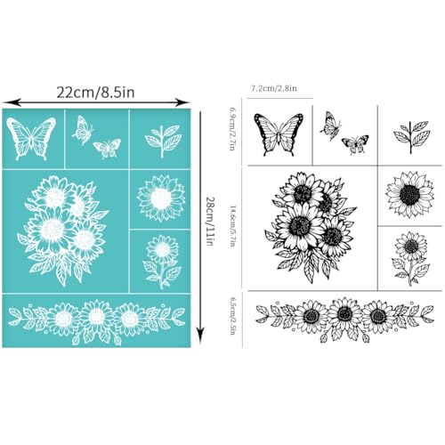 2 Sheets Sunflower Silkscreen Stencil, Flower Butterfly Painting Stencils Templates Reusable Self-Adhesive Silk Screen Printing for Wall Border Wood Fabric Home Craft Decor - style: Sunflower