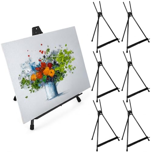 Zonon 6 Pcs Aluminum 15'' to 21'' Tabletop Display Easel for Painting Adjustable Folding Table Stand with Extension Arms Rubber Feet for Whiteboard Canvas Poster Sign Picture Artist(Black) - color: Black