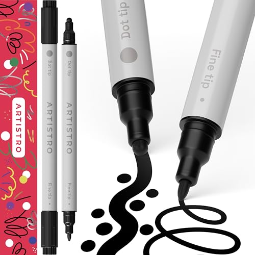 ARTISTRO 2 Black Dual-Tip Acrylic Paint Pens - Multisurface Markers for Glass, Rock, Fabric, Wood, Plastic & More - 5mm Dot + 1mm Fine Tips - color: Black, style: Dual Tip Dot + Fine