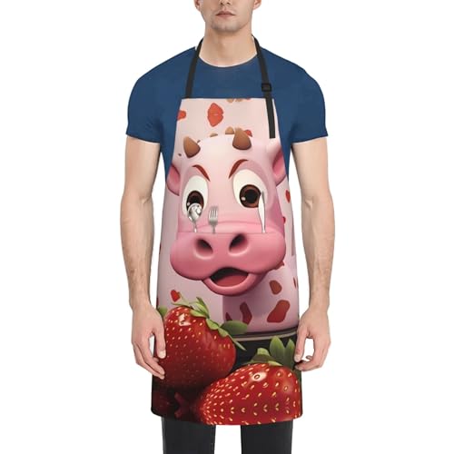 Prancing Brown Horse Heavy Duty Waterproof Apron with Pockets for AdultsResistant Grilling, Gardening, Painting - color: Pink Cow With Strawberries