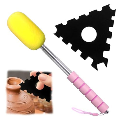 Pottery Foot Rim Shape Tool with Scalable Sponge Stick, Clay Rim Modeling Kit, Compatible with Ceramic Trimming and Finishing Tool - color: Pink
