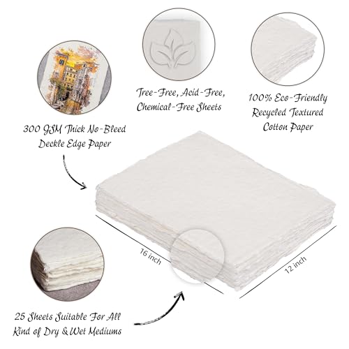 LEATHER VILLAGE Watercolor Paper, 140lb(300gsm), 12X16 Inches, 25 Sheets,Handmade Deckle Edge Paper, Textured, Mixed Media, Cold Press Pad for Calligraphy, Sketching, Crafts and Painting - size: 12 inches X 16 inches