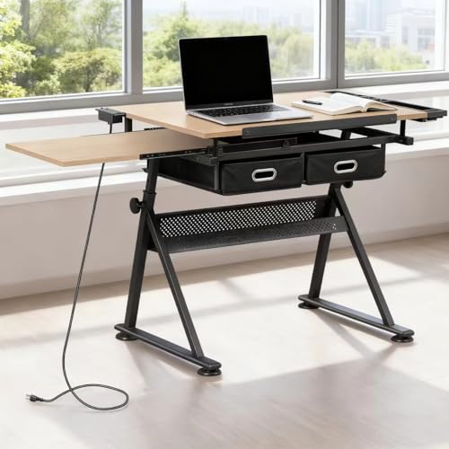 ZENY Adjustable Drafting Table with Stool, Tilting Drawing Desk Artist Table with Storage Drawers, Art Craft Workstation for Home Office Reading, Writing, Crafting (Brown-with Outlet) - color: Brown-with Outlet