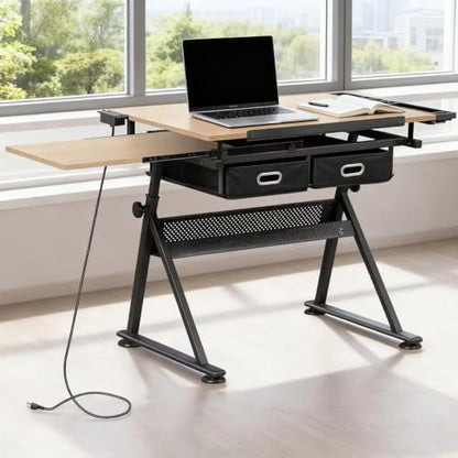 ZENY Adjustable Drafting Table with Stool, Tilting Drawing Desk Artist Table with Storage Drawers, Art Craft Workstation for Home Office Reading, Writing, Crafting (Brown-with Outlet) - color: Brown-with Outlet