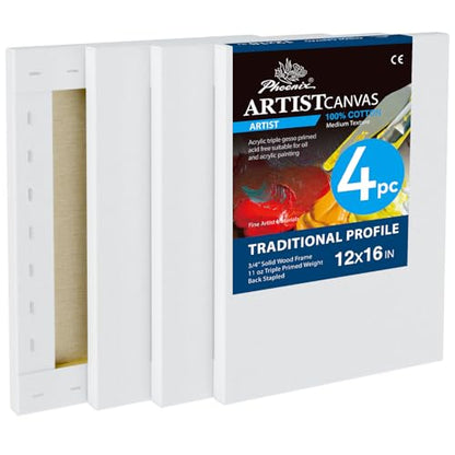 PHOENIX 12x16 Inch 4 Pack Artist Canvas - Stretched Canvases for Painting - 3/4 Inch Profile, 100% Cotton 11 Oz. Gesso Primed White Blank Professional Canvas Oil & Acrylic Paints - size: 12"x16" / 4 PACK, style: Traditional