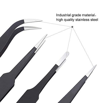 6PCS Precision Tweezers Set, Upgraded Anti-Static Stainless Steel Curved of Tweezers, for Electronics, Laboratory Work, Jewelry-Making, Craft, Soldering, etc, by kaverme. - style: 6pcs
