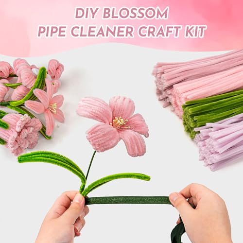 Upgraded 2026 Pipe Cleaners Craft Kit: 400-Piece DIY Flower Making Supplies with Exclusive Color Palette | Includes Chenille Stems, Floral Wire, Gardening Tape, Stamen & Ribbon for Kids Arts & Crafts - color: pink