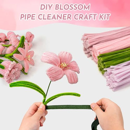 Upgraded 2026 Pipe Cleaners Craft Kit: 400-Piece DIY Flower Making Supplies with Exclusive Color Palette | Includes Chenille Stems, Floral Wire, Gardening Tape, Stamen & Ribbon for Kids Arts & Crafts - color: pink