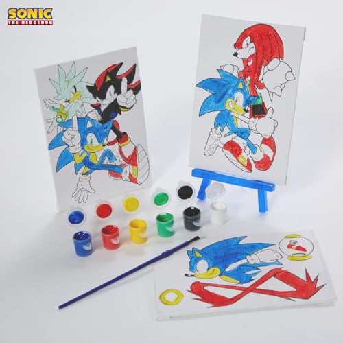 Sonic the Hedgehog Canvas Paint Set with 3 Canvases, Paint & Easel for Kids | 3 Preprinted Canvases, 6 Acrylic Paints, Paintbrush & Easel, DIY Sonic Coloring, Wall Art, Arts & Crafts Activity for Kids - color: Sonic