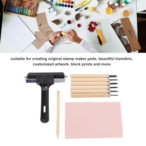 Rubber Stamp Making Kit, Includes 6 Carving Knives, Carving Block, Tracing Papers, A5 Tray, Pencil, Stamp Maker Pads, A4 Tracing Paper, Brayee Roller, Storage Box, Wood Carving