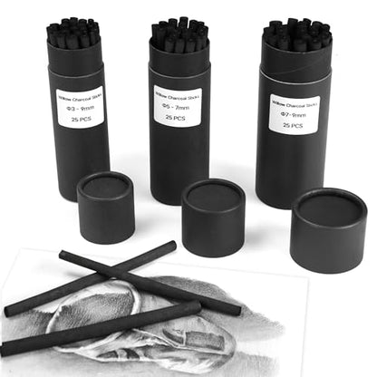 Willow Charcoal Sticks, Natural Willow Charcoal Pencils for Artists, Beginners, Students, Great for Sketching, Drawing, and Shading, Pack of 25 (3-9, Millimeters) - style: 3-9mm