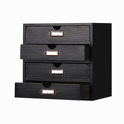Wooden Storage Box Rustic Desktop Organizer with 4 Drawers Office Desk Accessories Shelf Small Craft Storage Containers Apothecary Cabinet and Chest Jewelry Holder for women(BLACK) - color: BLACK-SMALL
