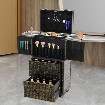 Lockable Makeup Train Case,55.1lbs Rolling Hairdressing Trolley,Beauty Salon Cosmetic Luggage with Universal Wheels for Hair Stylist,Make-up Artists (Brown) - color: Brown