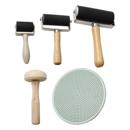 OFFSCH 5pcs Rubber and Wooden Roller Set for DIY Block Printing with Ink Rubbing Tool and Wooden Mushroom Roller, Multi-Size Crafting Stamping Accessories for Art Projects