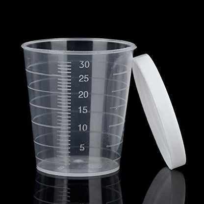 AKOAK 100 Pieces 30 ml (1 oz) Graduated Cup - Plastic Measuring Cup, Disposable Mixing Cup for Mixing Pigments, Paints, Liquids, Epoxies, Resins - With Lid