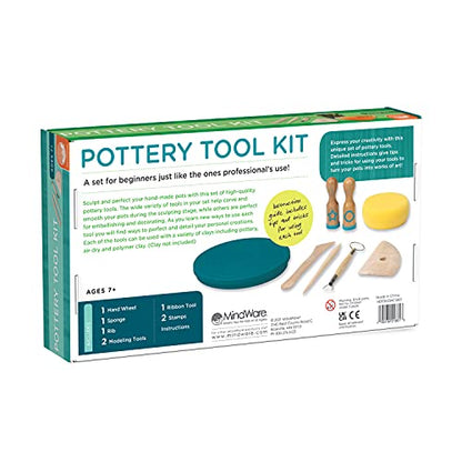 MindWare Beginner Pottery Tool Kit for Kids - 8 Piece Set Includes Hand Wheel, Sponge, Rib, Molding Tools and More