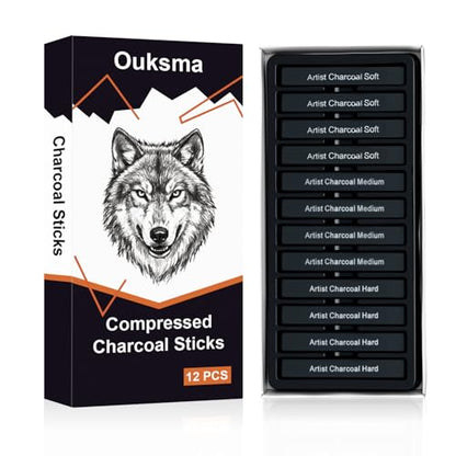 Compressed Charcoal Sticks Set, 12 Pack Soft Medium Hard Charcoal for Drawing, Sketching and Shading, Drawing Sticks Set for Artists, Sketching Supplies and Art Supplies