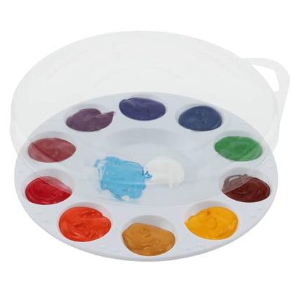 Creative Mark 10-Well Round Plastic Paint Palette with Lid - Pack of 12, Durable, Reusable, Solvent-Resistant, with Oversized Paint Wells Mixing and Color Theory - 7.4ml (0.25oz) Per Well