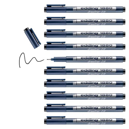 edding 1880 profipen - black - 10 pens - line width 0.8 mm - fineliner pen for precise writing, sketching and technical drawing - fine, metal-encased nib - suitable for use with rulers and stencils - color: 08: 10 Pens - 0.8mm - Black