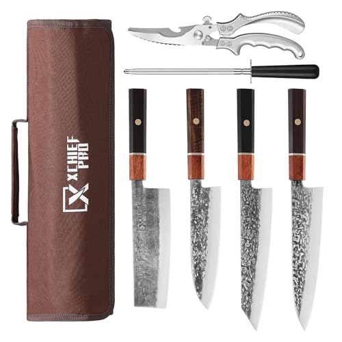 Japan Knife Set, High Carbon Steel Japan Nakiri Santoku Knife Set, Hand Forged Meat Cleaver Butcher Knife with Accessories for Kitchen, Camping BBQ Knives Set with Bag