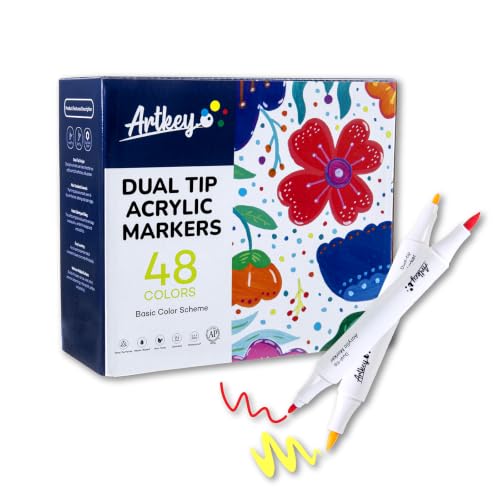 Artkey Acrylic Paint Markers 48 Colors, Dual Tip Acrylic Paint Pens with Brush and Fine Tips, Acrylic Markers Set for Rock Painting, Wood, Canvas, Glass, Ceramic, Stone, Fabric, Plastic, DIY Crafts - color: 48 Colors