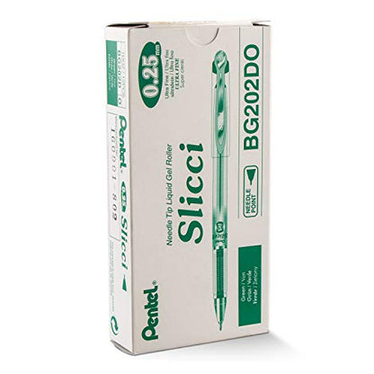 Pentel Arts Slicci 0.25 mm Extra Fine Gel Pen, Green Ink, Box of 12 (BG202-D) - color: Green, size: 12 Count (Pack of 1), style: 0.25mm