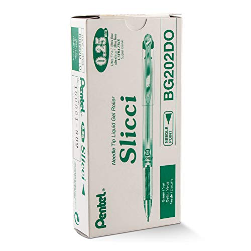 Pentel Arts Slicci 0.25 mm Extra Fine Gel Pen, Green Ink, Box of 12 (BG202-D) - color: Green, size: 12 Count (Pack of 1), style: 0.25mm