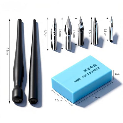 Pen Nib Set, 1 Set Manga Cartoon Comic Drawing Painting Nib Holder Dip Pen Kit Tool With 2 Pen Holders and 5 Nibs