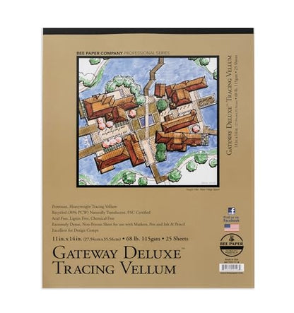 Bee Paper - 11"x 14" Gateway Deluxe Tracing Vellum Paper Pad, 25 Sheets - size: 11-inch x 14-inch, 25 Sheet Tape Bound Pad