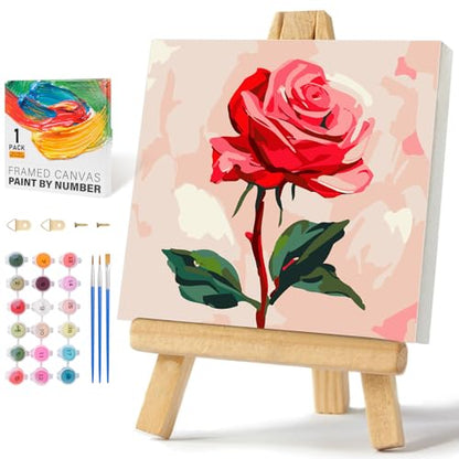 Offito Framed Paint by Numbers Kit for Adults Beginners & Kids Ages 8-12, Rose Flower Acrylic Easy Paint by Number with Frame, Paint by Number Kits on Canvas Framed (10 * 10 Inch, Without Easel) - color: BOP1PF12, size: 10 x 10 Inch
