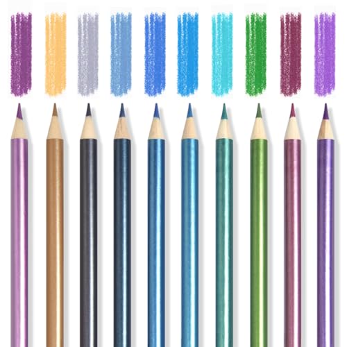 Mifuner 10Pcs Metallic Colored Pencils Set, Oil Based Drawing Pencils, Pre-sharpened Wooden Professional Sketch Pencil Art Supplies for Adults, Coloring Books, No Duplicates - color: 10Pcs Metallic Colored