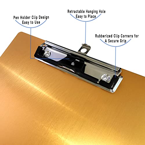 Aluminum Metal Clipboard Stainless Hangable Pen Holder Low-Profile Clip Board Size A4 9" x 12.6" with Sticky Note for School Office Business Medical Professionals Workshop Factory (Gold, Aluminum-A4) - style: Gold