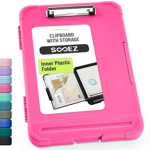 Sooez Reinforced Clipboard with Storage, Inner Plastic Folder Attached, Heavy Duty Clip Boards 8.5x11 with Pen Holder, High Capacity Nursing Clipboards Box for Teacher Office Home, Letter / A4 Size - color: Rose Pink