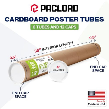 4" x 36" Reinforced Kraft Paper Mailing Tube, Pack of 6 Tubes with 12 Caps – Secure USPS Approved Poster Tube – Made in USA Cardboard Tube for Shipping and Storing Posters, Prints, Artwork - size: 4" x 36", style: Standard Duty
