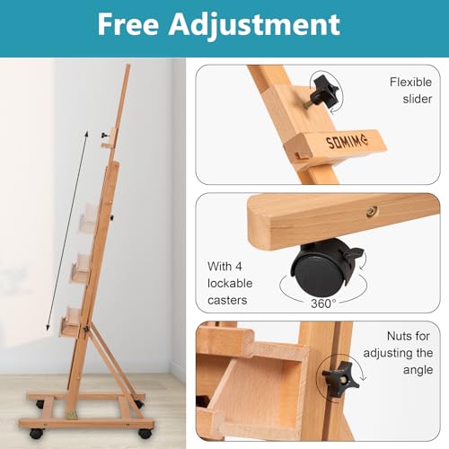 H-Frame Studio Easel, Beechwood Artist Easel with Wheels and Storage Tray, Adjustable Floor Easel Stand Holding Canvas up to 51Inches for Painting, Natural - style: Natural
