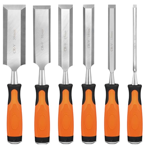 KINGBRO Wood Chisel, 6 Pcs Wood Carving Chisels for Woodworking Tools, Durable Carbon Steel PP+TPR High Impact Handle Wood Chisel Sets Gifts for Woodworkers Carpenter Craftsman, 6/12/19/25/32/38mm